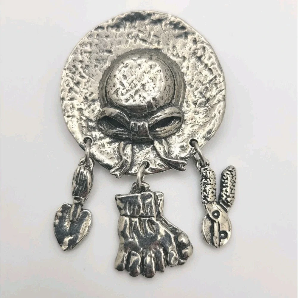 Vintage Sheridan Pewter‎ Hat Brooch Pin Signed Gardening Charms Cottagecore